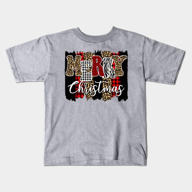 Merry Christmas Cheetah and Buffalo Plaid Paint Design Kids T-Shirt by OTM Sports & Graphics